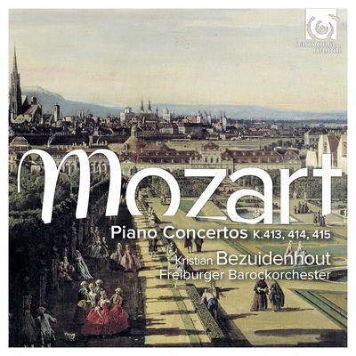 The cover of Mozart: Piano Concertos K. 413, 414 & 415 by Kristian Bezuidenhout