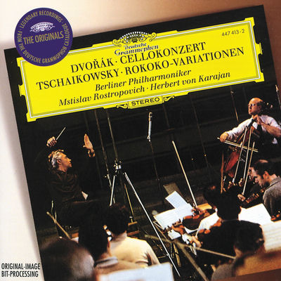 The cover of Dvořák: Cello Concerto / Tchaikovsky: Variations on a Rococo Theme by Mstislav Rostropovich